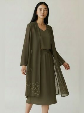Vintage Hosanna Design Skirt Set Olive Beaded Sheer Cardigan M